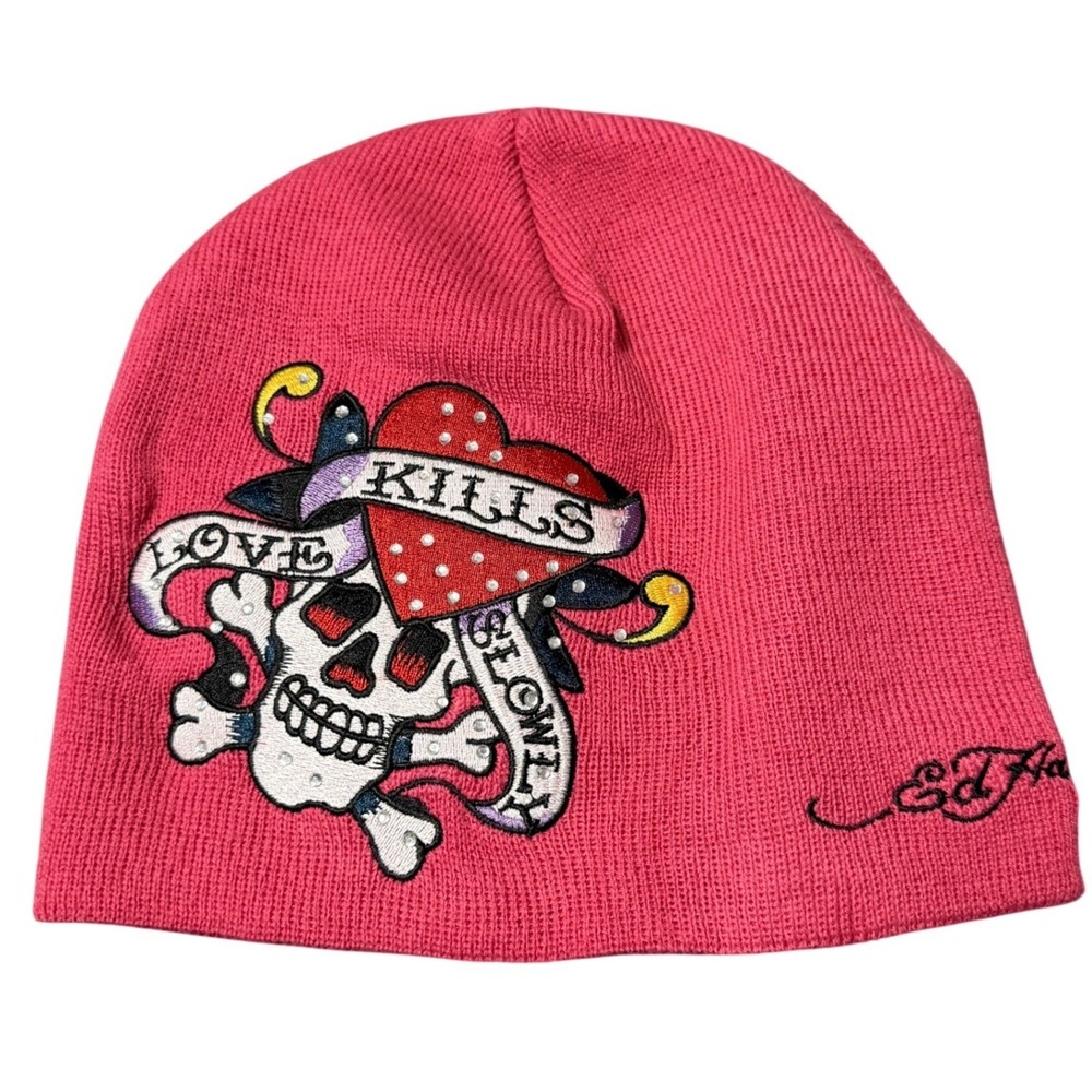 Ed Hardy Beanie Hat One Size Pink Love Kills Slowly Rhinestone Skull Tattoo Y2K